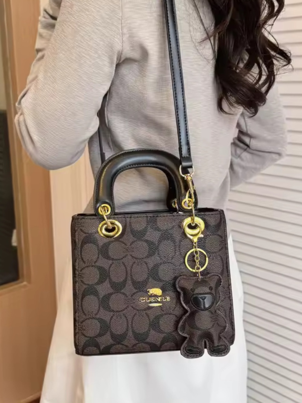 New Designer-Inspired Brown Signature Tote Bag with Bear Charm